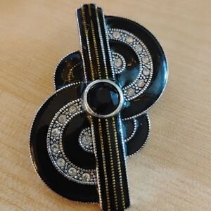 Vintage Art Deco Sterling Silver and Onyx Marcasite Brooch